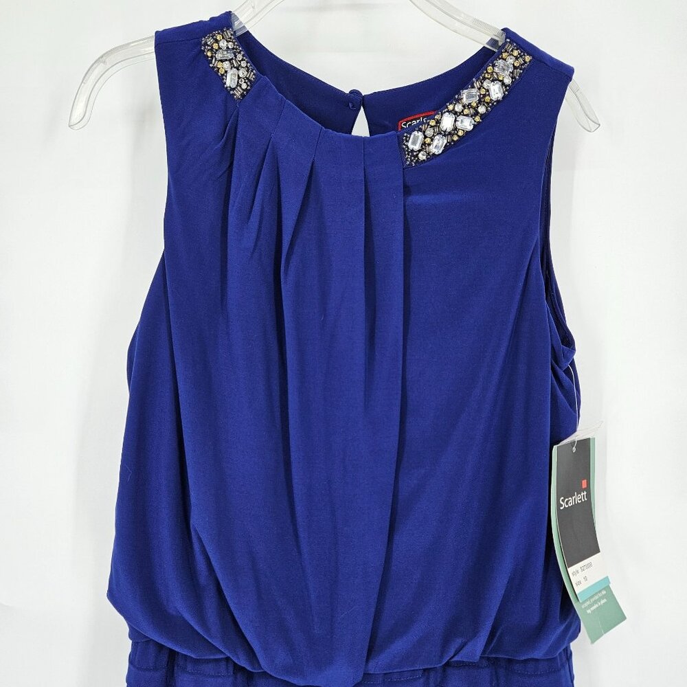 Scarlett Cocktail Midi Dress 10 Blue Sleeveless Pleated Bead Bling Party NEW - Picture 3 of 13